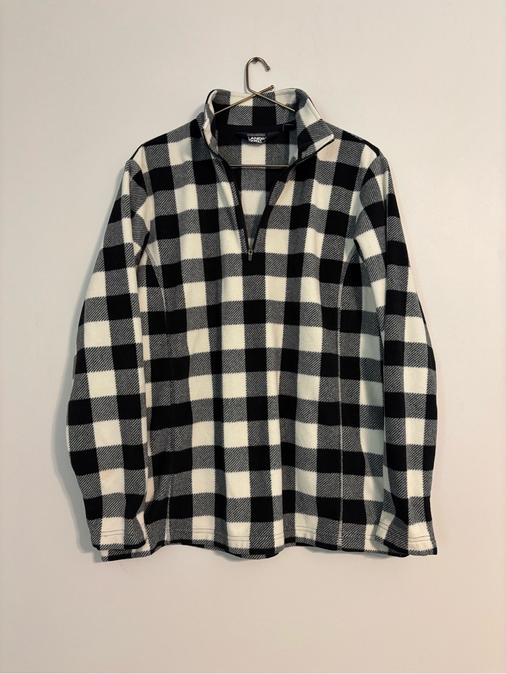 Lands’ End Buffalo Plaid Fleece Pullover Women’s XL 18 Black White Quarter Zip